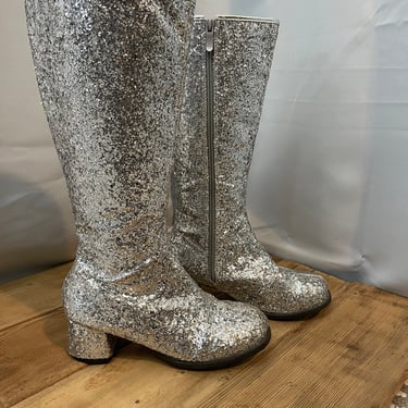 Vintage GoGo Boots Space Age Silver Glitter 6 7 