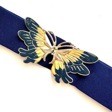 Vintage 70s Butterfly Belt 80s Blue Wide Elastic Belt 