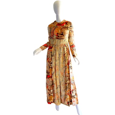 70s Carlye Metallic Gold Lame Dress  / Silk Psychedelic Kimono / 1970s Evening Gown Medium 