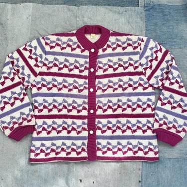 Vintage 1960s Après Ski Deadstock Cardigan Sweater Purple White Poly Cotton Blend XS Small by TimeBa