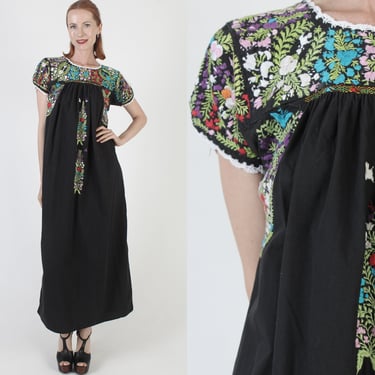 Black Oaxacan Maxi Dress / Colorful Floral Mexican Hand Embroidered / San Antonio Made In Mexico Long Frida Outfit 