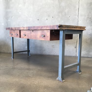 Vintage Butcher Block Top Table with Iron Legs