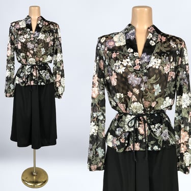 VINTAGE 70s Sheer Floral Lace Peplum Disco Dress L/XL | 1970s Sheer Sleeve Sexy Secretary Dress | Plus Size Volup  vfg 