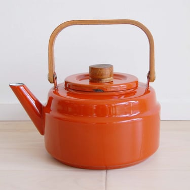 Mid Century Modern Enamel and Teak Wood Tea Kettle In Orange 