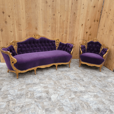 Antique Louis Style Carved Ornate Parlor Set Newly Upholstered in a High End Purple Mohair - 3 Piece Set