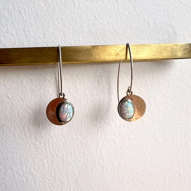 Opal Crescent Moon Disc Dangles in sterling silver and 14k gold-filled 