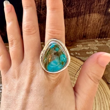 VINTAGE CHUNKY TURQUOISE and Sterling Silver Ring | Native American Navajo Southwestern Jewelry | J Sterling Hallmark | Size 12 