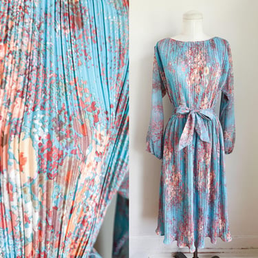 Vintage 1970s Blue Floral Dress / L-XL 