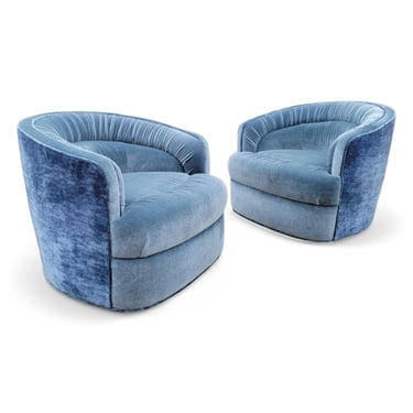 Mid Century Modern Milo Baughman Style Barrel Back Swivel Lounge Chairs Newly Upholstered - Pair