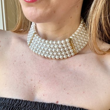 90s Five Row Faux Pearl Choker Necklace