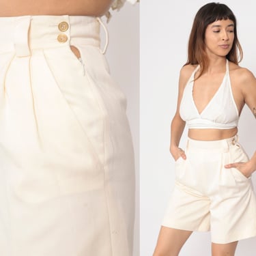 90s Cream Trouser Shorts Pleated Shorts Crisp High Waisted Retro Trouser Polyester Wool Summer Formal Party Vintage 1990s Small 26 