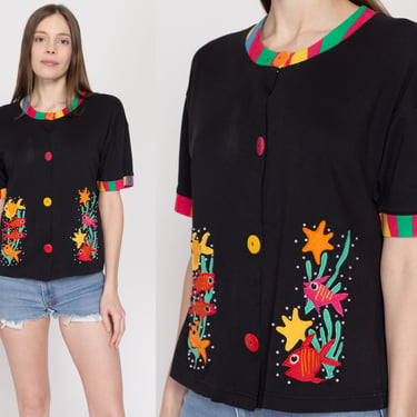 Small 90s Tropical Fish Rainbow Button Up Shirt | Retro Vintage Black Embroidered Beaded Graphic Top 