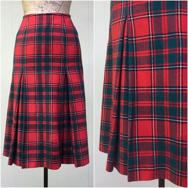Vintage 1970s Red Plaid Pendleton Skirt, 70s Traditional Pleated Wool Tartan, Classic A Line, Medium 30