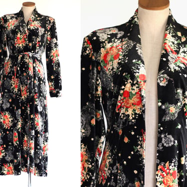 1970s Velveteen Floral Waist Tie Maxi Coat Dress - 70s Vintage Shawl Collar Button Down Ankle Length Coat - Small 