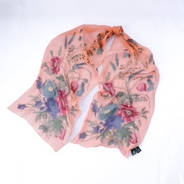 Ralph Lauren Peach Floral Print Vintage Scarf Long Rectangle Scarf for Neck Scarf Hair Tie for Handbag Scarf Vintage Silk 