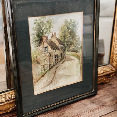 Antique English Watercolor Painting, Primitive Village Scene 