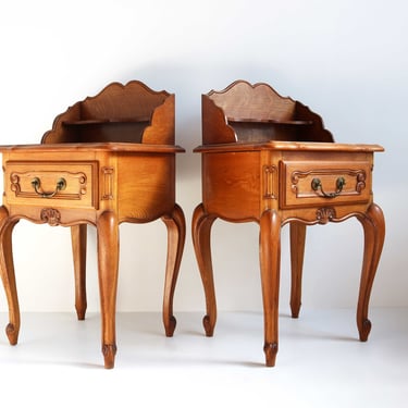 Couple Louis XV Style Drawer and Shelf  Bedside Tables Set of 2 French Provincial Nightstands Oak Side Tables Wooden Cabinets Midcentury 60s 