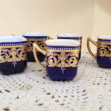 Vintage Rare Lovely Set of (5) Cobalt Blue and Gold Cordial or Liquer cups-Gorgeous ornate detail Over 60 years old 