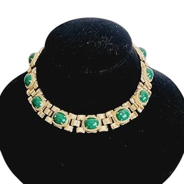 60s Choker Necklace Green Cabochon & Gold Setting 