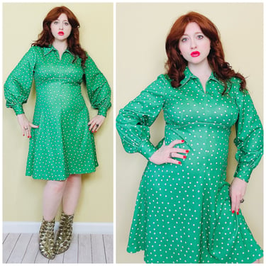 1970s Vintage Green Polka Dot Lantern Sleeve Dress / 70s Poly Knit Fit and Flare Dress / Size XL 