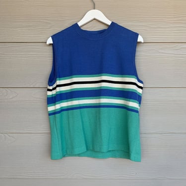 Vintage Knit Top St Johns Sport Wool Blue Mint Green Striped Preppy Crewneck Sweatshirt Size Large 