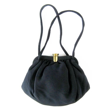 1950s Vintage Black Handbag, Small Evening Bag with Change Purse, Navy Blue Cloth Purse with Gold-tone Clasp, Rockabilly Style Pouch Purse 