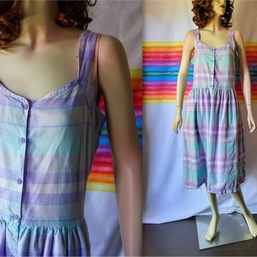 80s pastel dress sz large, vintage preppy volup plaid with pockets, summer fit and flare midi button up a line casual sundress 