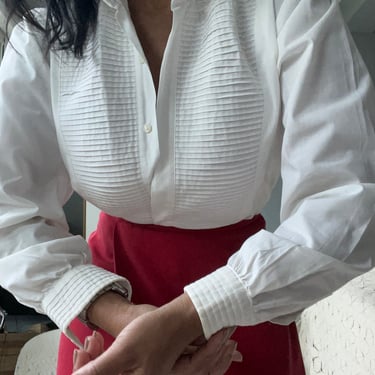 vintage cotton crisp white feminine button down tuxedo cut puffed sleeve blouse 