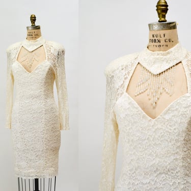 Vintage 80s White Lace Prom Dress Small Medium// 80s Vintage White Lace Beaded Fringe Party Wedding Dress 80s Cowgirl wedding party dress 