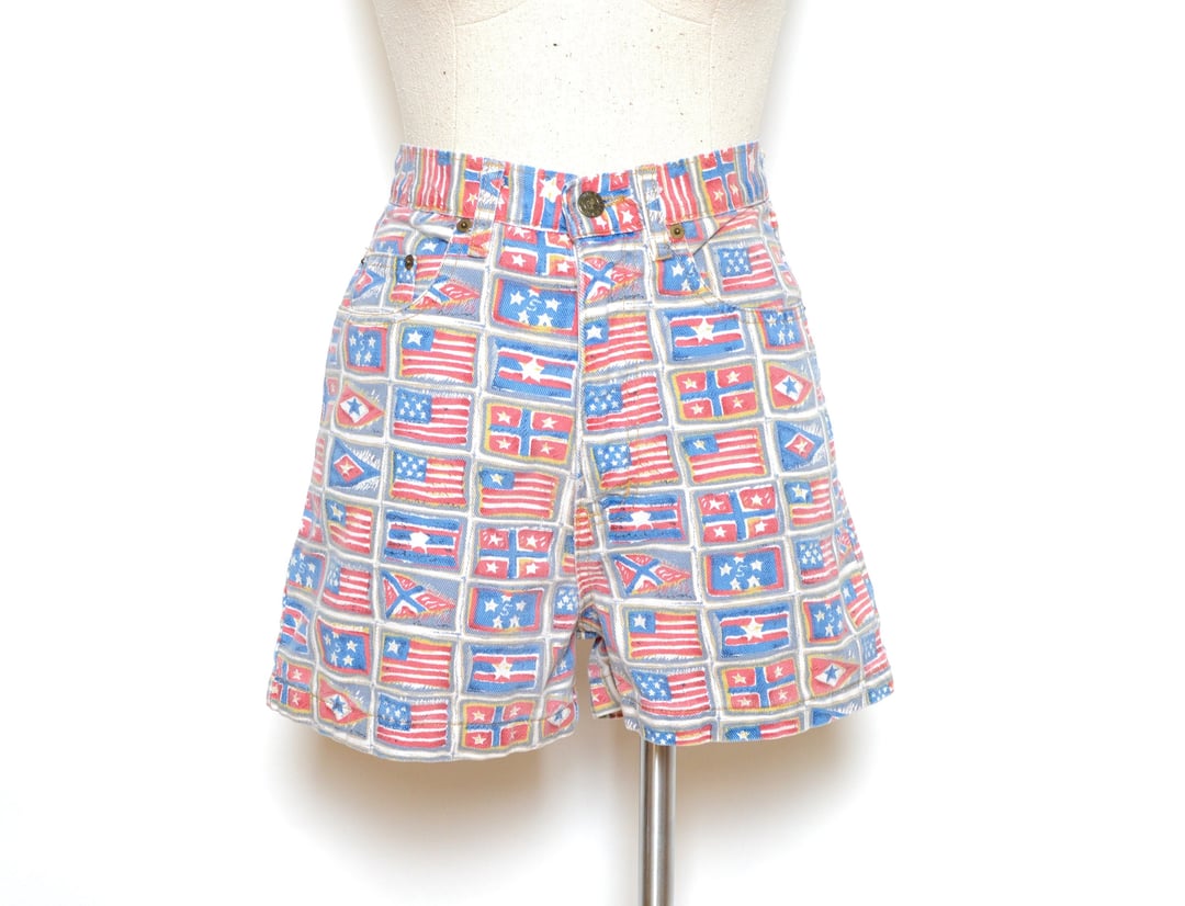 Vintage 90's Flag Print High Rise Jean Shorts Sz 26W Top Shelf