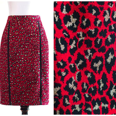 Vintage 1990s Red Sheath Skirt with Black and Gold Animal Print Design 