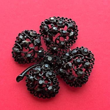 jet glass brooch 1950s black crystal jeweled clover pin 