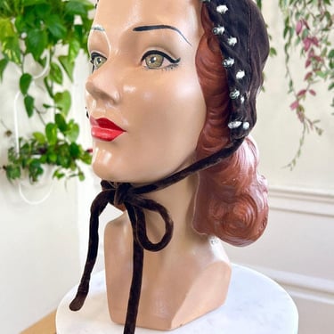 Vintage 1950s Hat | 50s Rhinestone Studded Brown Velvet Skullcap Skull Cap Formal Winter Cocktail Evening Bonnet 