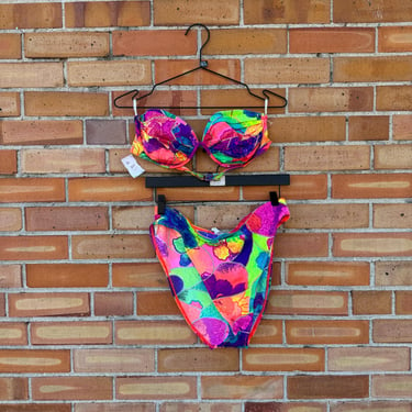 vintage 80s multicolor neon floral bikini / l large 