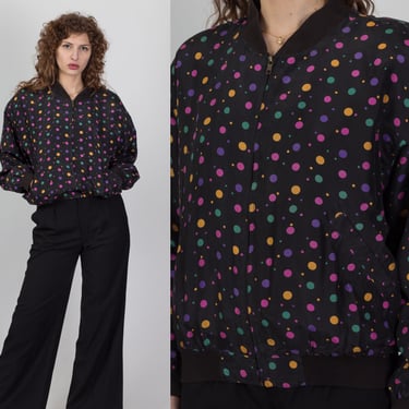 80s Silk Rainbow Polka Dot Windbreaker - Medium | Vintage Oversize Black Retro Zip Up Bomber Jacket 