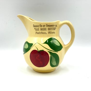 Vintage Watt Ceramic Pitcher Fairfax Creamery Co-Op Advertising, Minn., Minnesota, Apple and Leaf Painted Design 