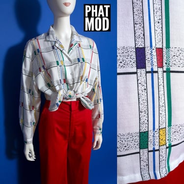 Modern Art Vintage 80s Mondrian Style Pattern Long Sleeve Button Down Shirt 
