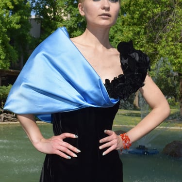 JACQUELINE De RIBES 80s Silk Shoulder Wrap Blue Avant Garde Silk Velvet Dress Sz Med to L 