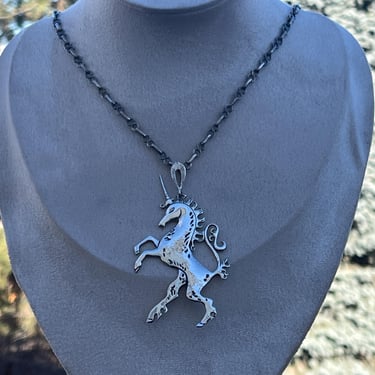 Vintage Sterling Silver Large Unicorn Pendant Chain Necklace 