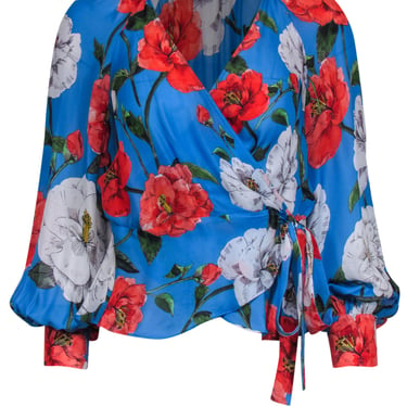 Parker - Blue & Red Floral Silk Blend Wrap Blouse Sz S