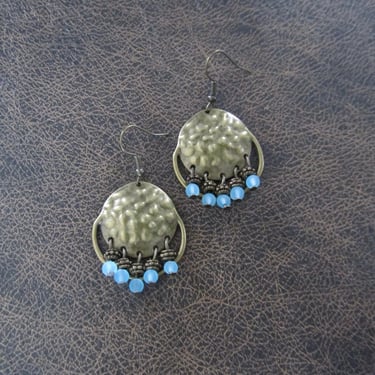 Baby blue frosted glass and hammered bronze chandelier earrings 