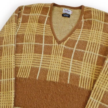 vintage mohair sweater / fuzzy sweater / 1960s mustard plaid fuzzy mohair v neck Kurt Cobain sweater Medium 