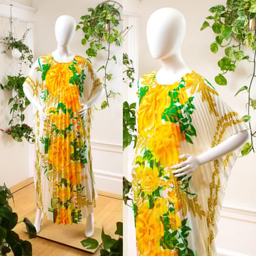 Vintage 1970s Kaftan | 70s Hawaiian Floral Barkcloth Accordion Pleated Aloha Tiki Loungewear Maxi Caftan | xs-xl 