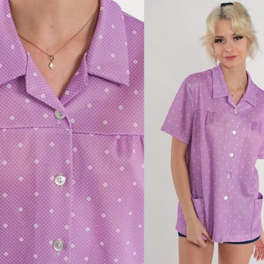 Purple Blouse 70s Polka Dot Button Up Shirt Retro Collared Top Diamond Print Preppy Secretary Short Sleeve Seventies Vintage 1970s Medium M 