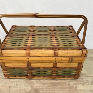 Vintage Bamboo Basket With Handles And Lid, Lunch Or Sewing Basket, Possible Purse, Green Brown Camel, Woven Basket, Asian Look 