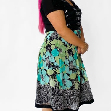 Y2K Cool Tones Pleated Abstract Floral Skirt, sz. L