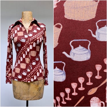 Vintage 1970s Hukapoo Blouse, 70s Fitted Long Sleeve Nylon Novelty Print Top, Kitchen-themed Disco Shirt, Small 34" Bust 
