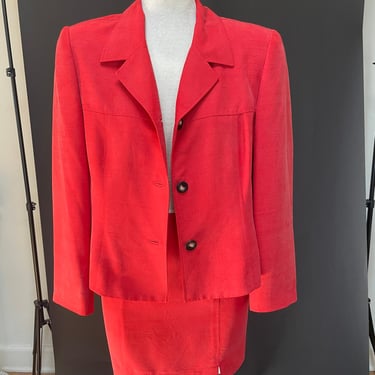 Vintage 1990s 2000s Dana Buchman Reworked Red Silk Skirt Suit BoxyBlazer Single Breasted Lined Button M 