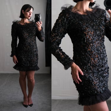 Vintage 80s Yves Saint Laurent Rive Gauche Black & Copper Sequined Mini Dress w/ Floral Soutache | Made in France | 1980s YSL Designer Dress 