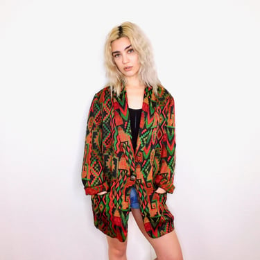 Embroidered Blazer // woven blanket hippie jacket dress aztec southwest southwestern oversize 80s coat red 80's 90s blouse // O/S 